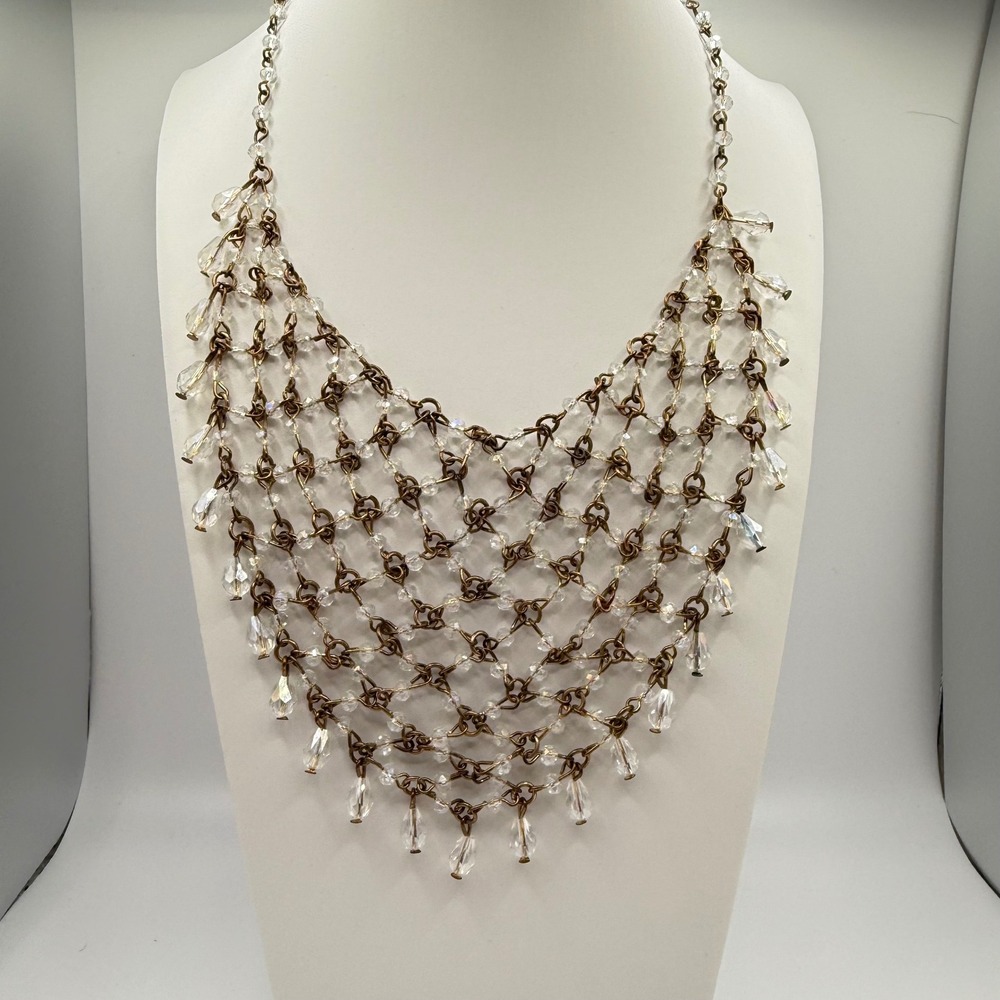Brass Tone Crystal Mesh Bib Statement Necklace Clear Dangle V-Shape